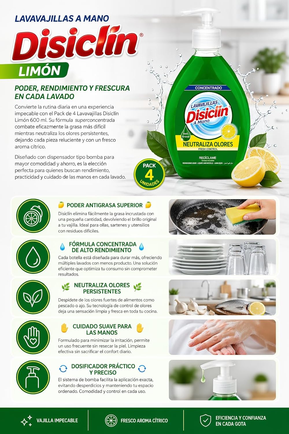 Lavavajillas concentrado Disiclin – Pack 4 – Limón 600 ml