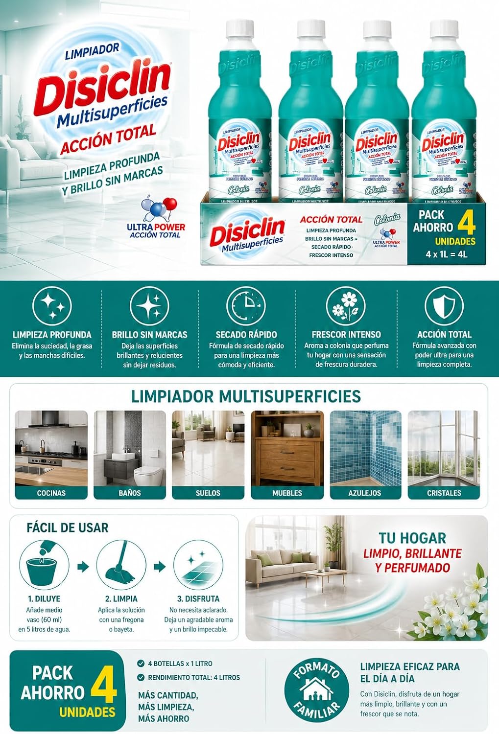 Limpiador multisuperficies Disiclin 1 L – Pack 4 – Colonia Acción Total