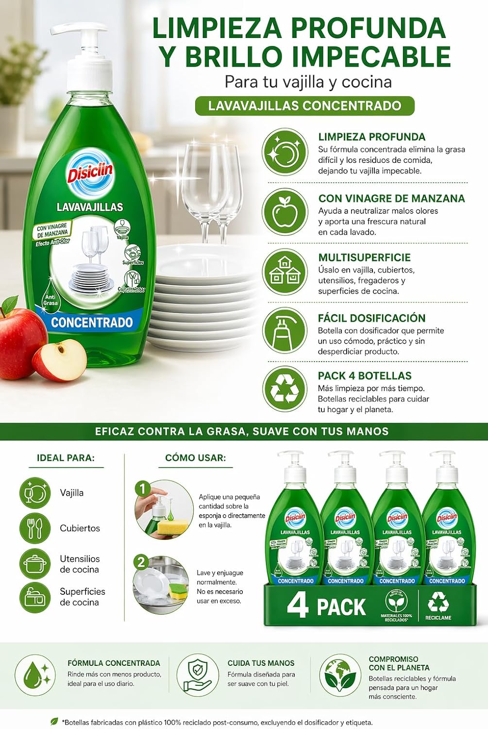 Lavavajillas concentrado Disiclin – Pack 4 – Vinagre de manzana