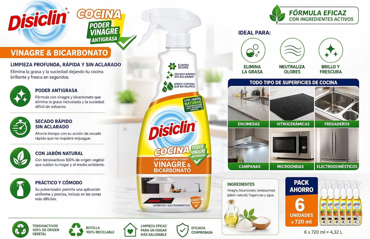 Limpiador en spray Disiclin baño y cocina – Pack 6 – Cocina vinagre y bicarbonato