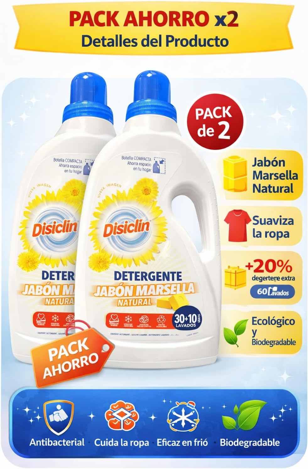 Detergente líquido Jabón de Marsella Disiclin – Pack 2 (30+10 lavados c/u) – Pack 2