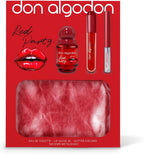 El set Red Party Don Algodón Mujer Mini incluye la fragancia Red Party de 30 ml, un brillo labial rojo 3D, un delineador de ojos con purpurina y un neceser metalizado.