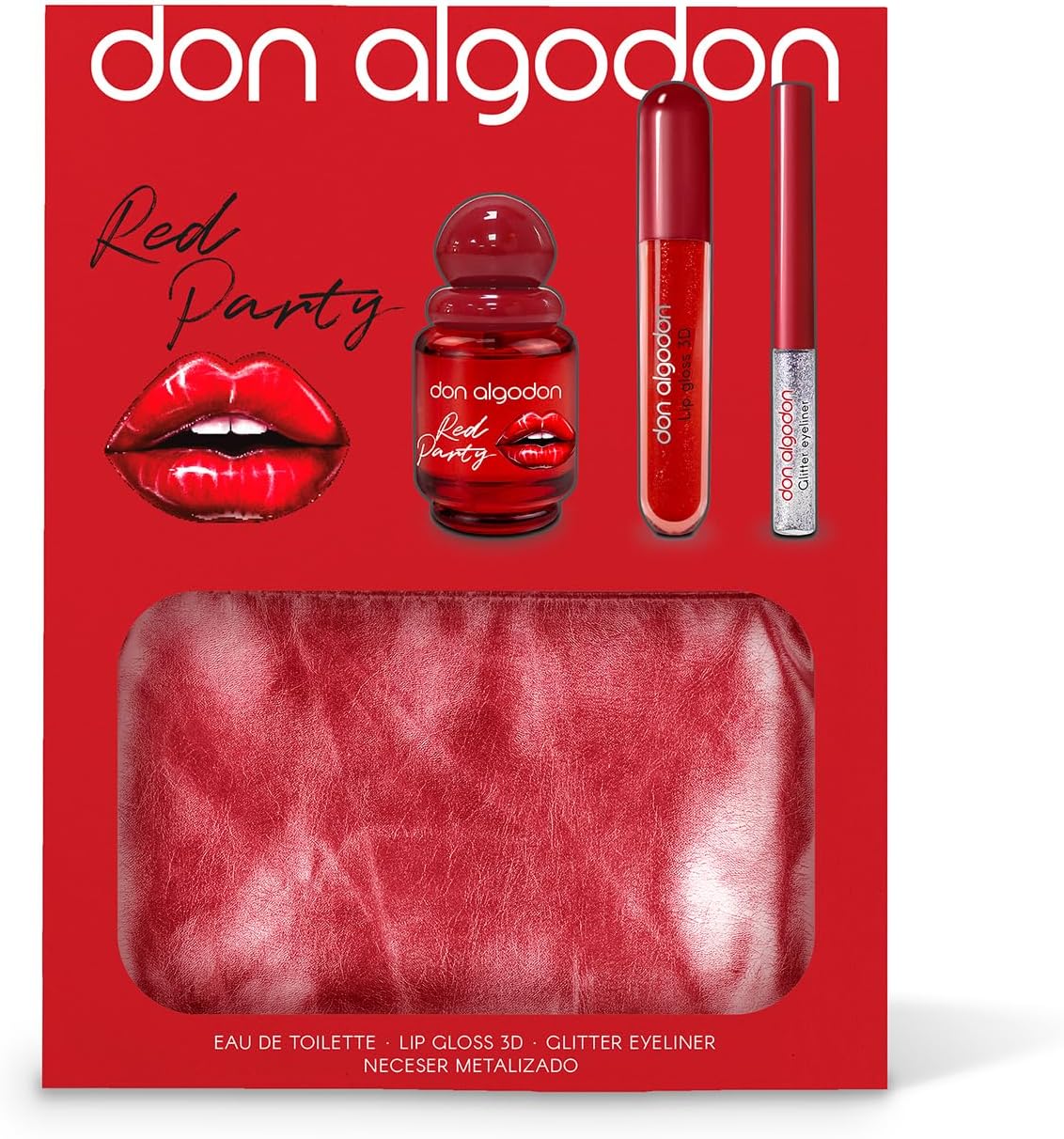 El set Red Party Don Algodón Mujer Mini incluye la fragancia Red Party de 30 ml, un brillo labial rojo 3D, un delineador de ojos con purpurina y un neceser metalizado.