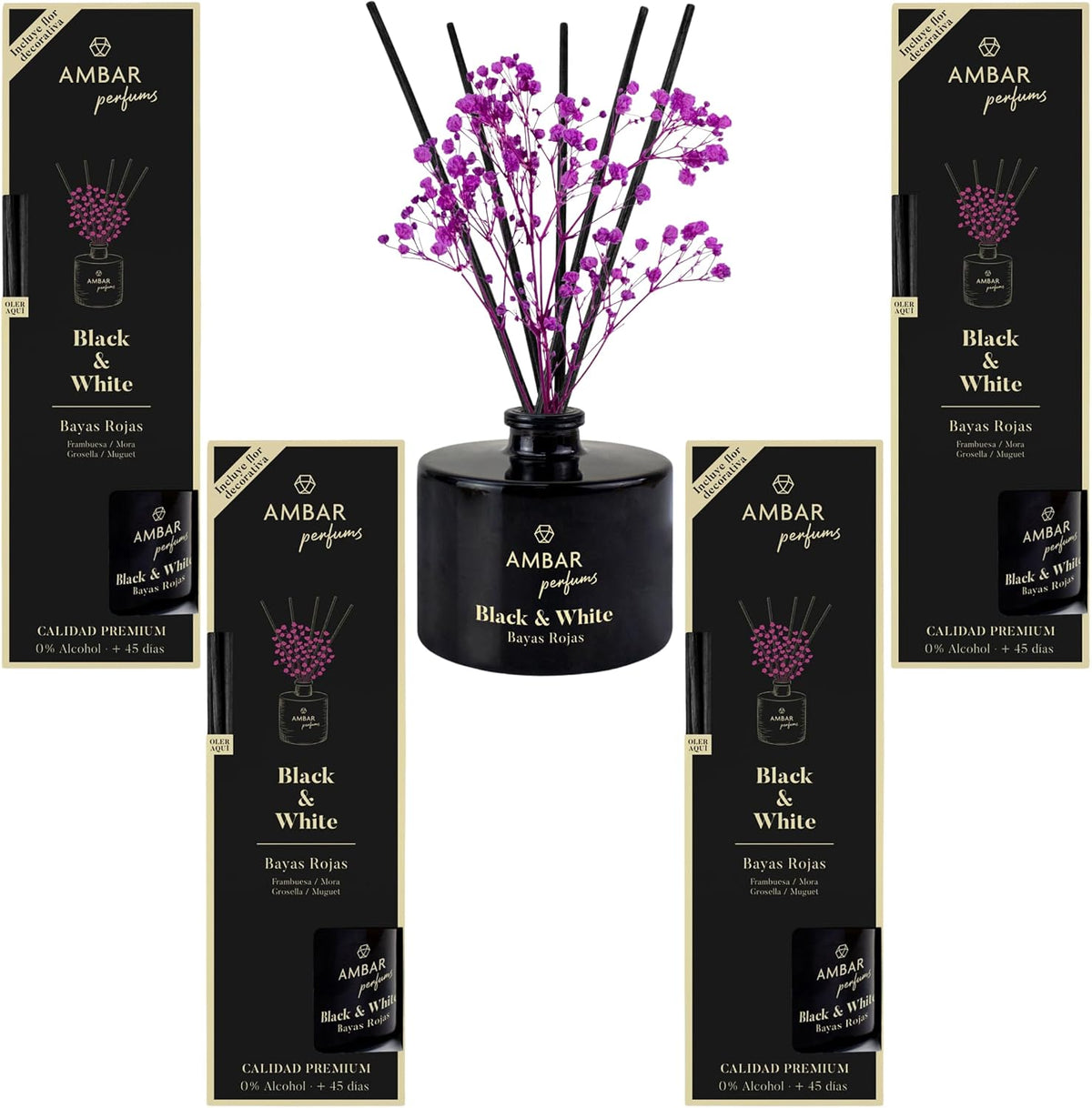Pack de 4 Mikados Ambientadores con Varillas Amber Perfums Black & White – Red Stripes – Fragancia Duradera para Hogar, Oficina y Baño