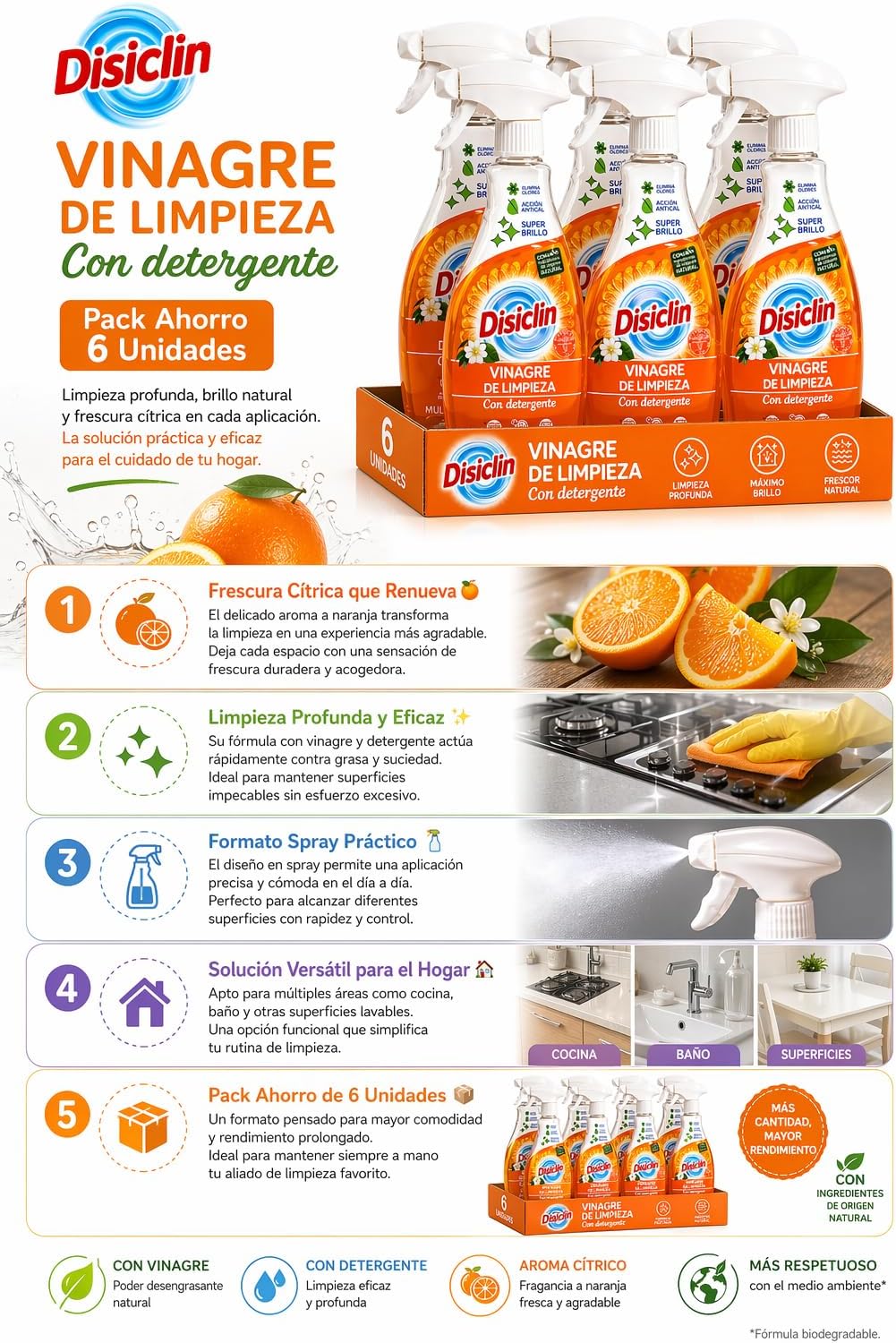 Vinagre de limpieza en spray Disiclin – Pack 6 – Naranja 720 ml