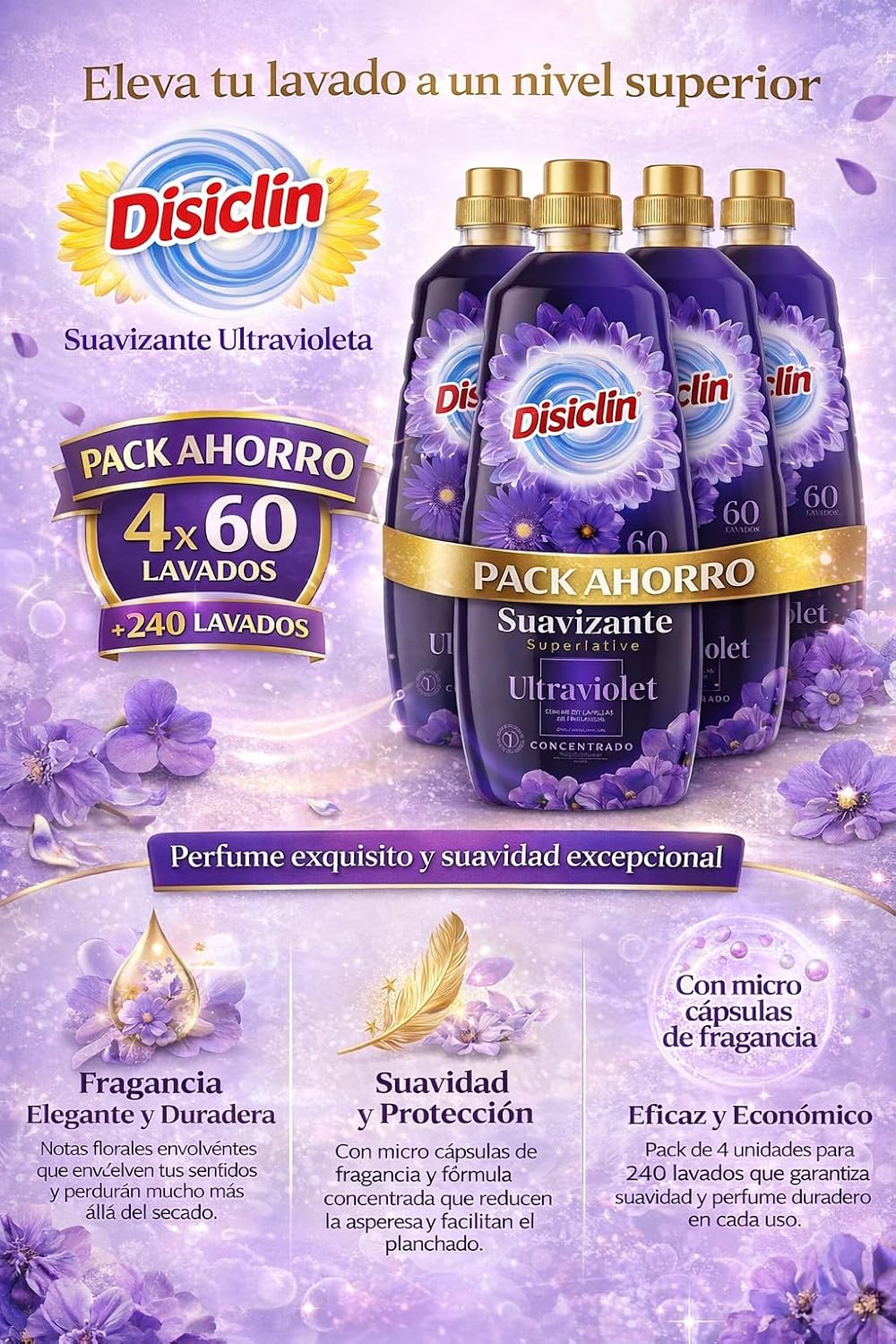 Suavizante concentrado Disiclin – Pack 4 botellas (240 lavados) – Ultravioleta