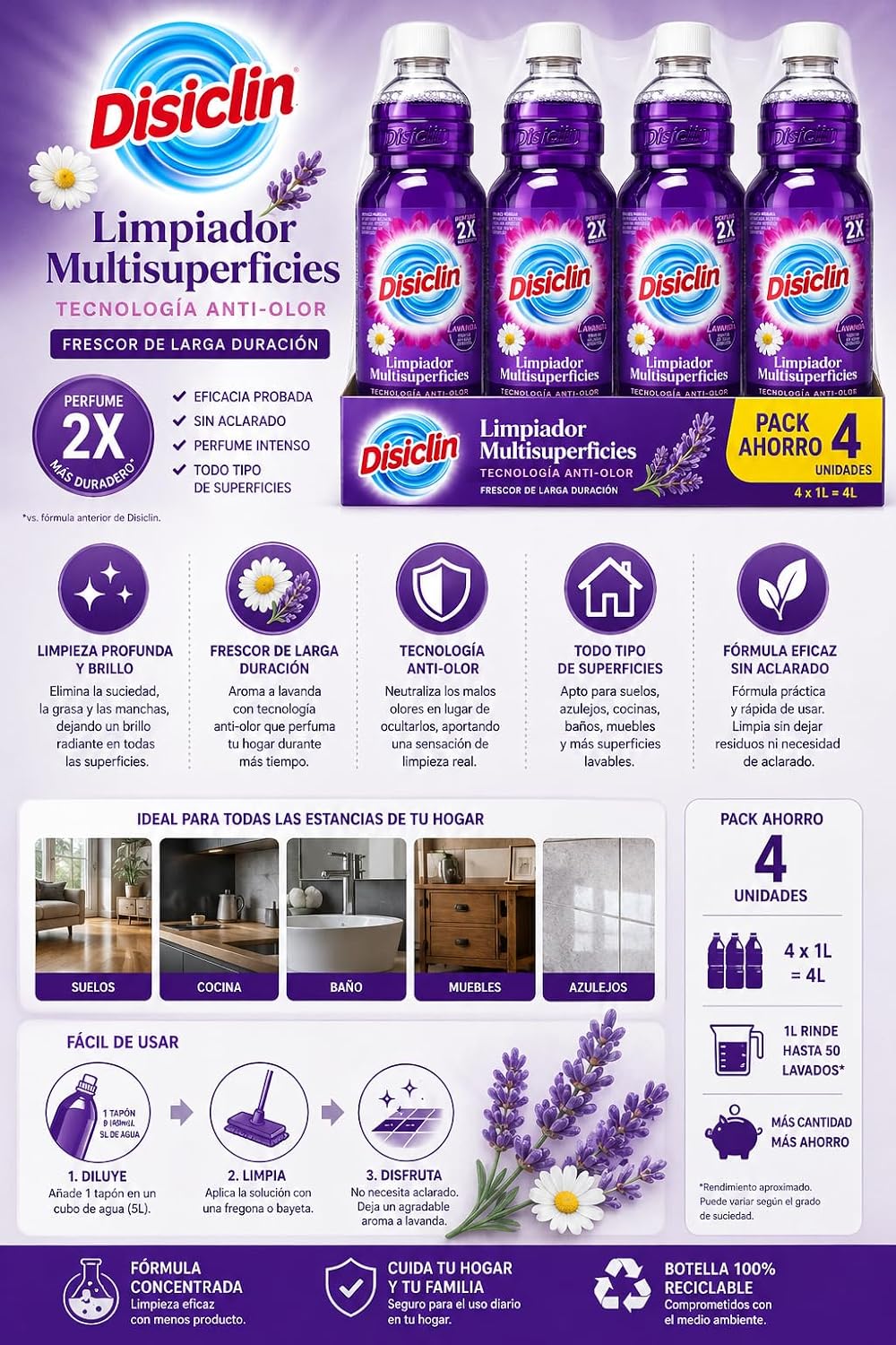Limpiador multisuperficies Disiclin 1 L – Pack 4 – Lavanda